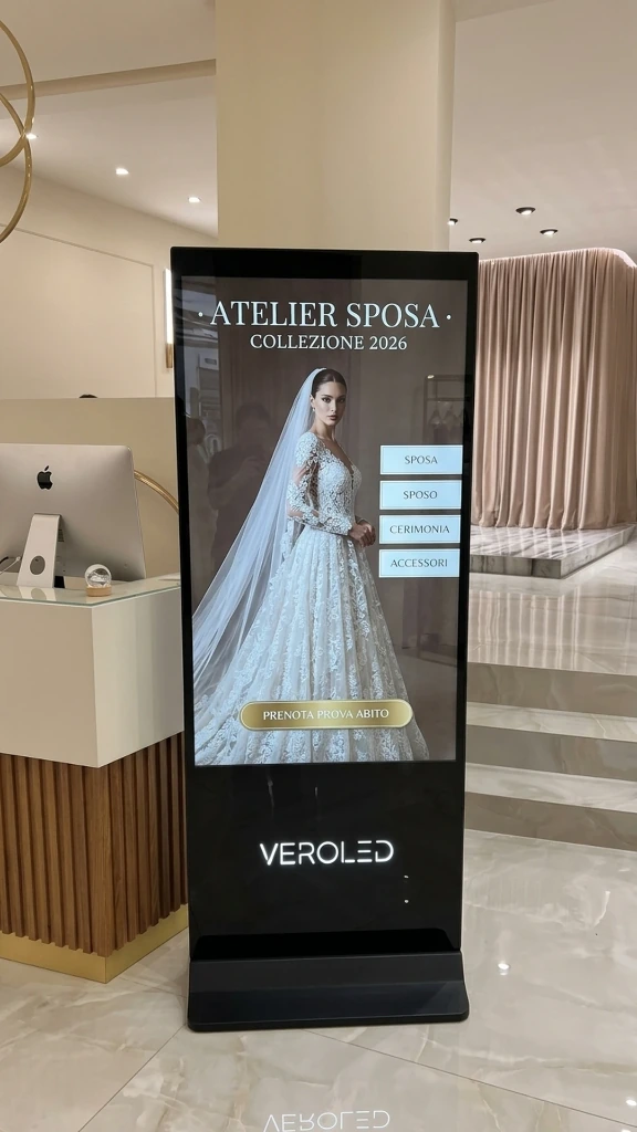 Totem touch screen 55 pollici verticale VeroLED installato in showroom boutique atelier sposi con catalogo interattivo abiti su display 9:16